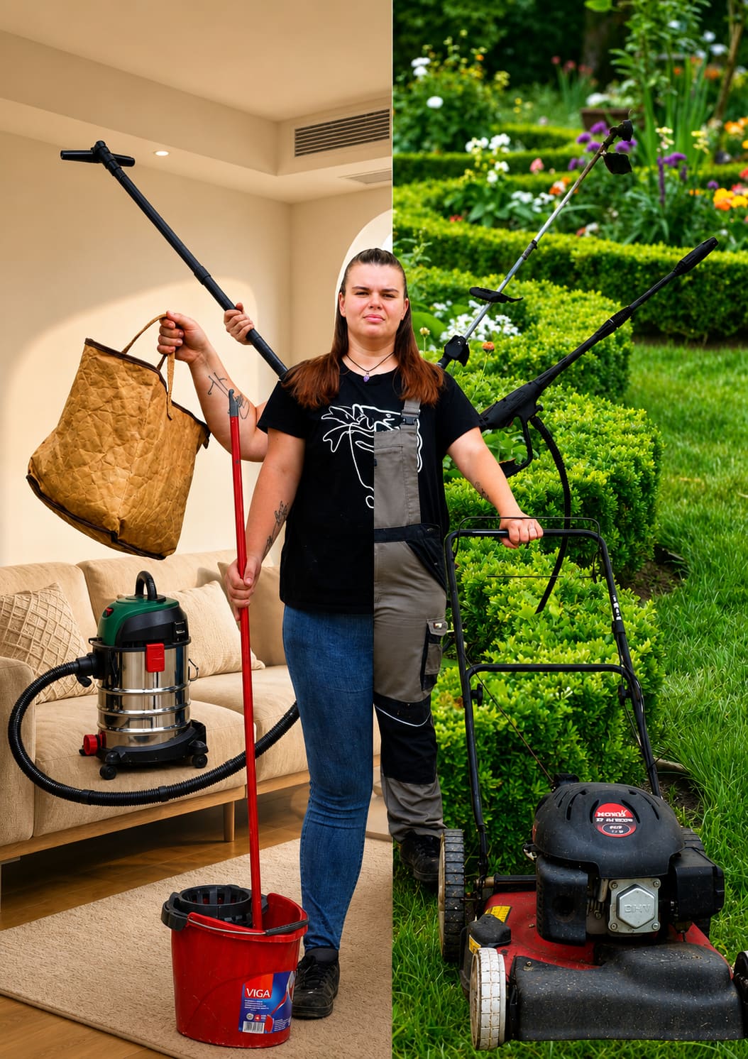 Anne Fieux avec son matériel de ménage et de jardinage, entre intérieur de maison et jardin fleuri